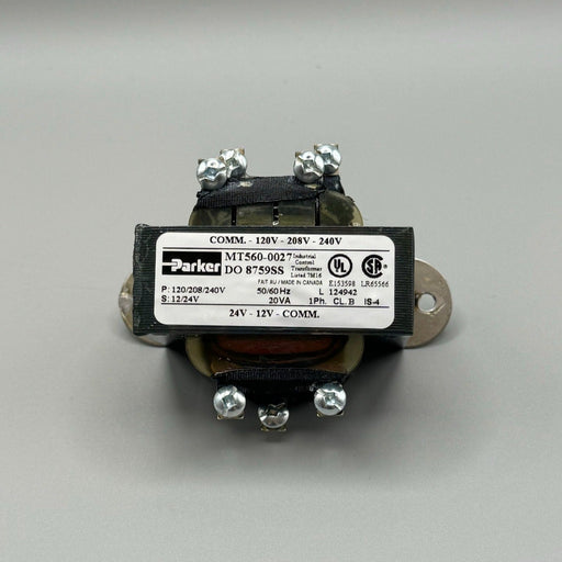 Parker 560-0027 Transformer T-008 — versatile 120/208/240V transformer for HVAC-R and EMS applications. Ensures reliable voltage regulation and smooth system operation. Durable and efficient design.