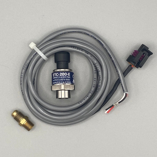 ETC-200-E Pressure Transducer (MCS-200C, 800-2200) for HVAC and refrigeration applications, featuring a 0-200 psi pressure range, 304L stainless steel housing, P67 electrical connection, and ±1% accuracy. Designed for outdoor use with rugged sealing, vibration resistance, and compatibility with refrigerant media. Supplied with 2M cable.