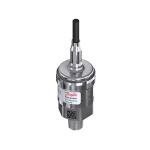 Danfoss 060G2101 AKS 33 pressure transmitter, 4–20 mA signal, –14.5 to 174 PSIG, 1/4" NPT male, DIN plug, IP65 enclosure.