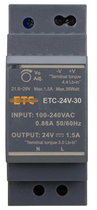 ETC-24V-30 DIN rail mounted 24V 30W industrial power supply with vented metal housing and terminal connectors