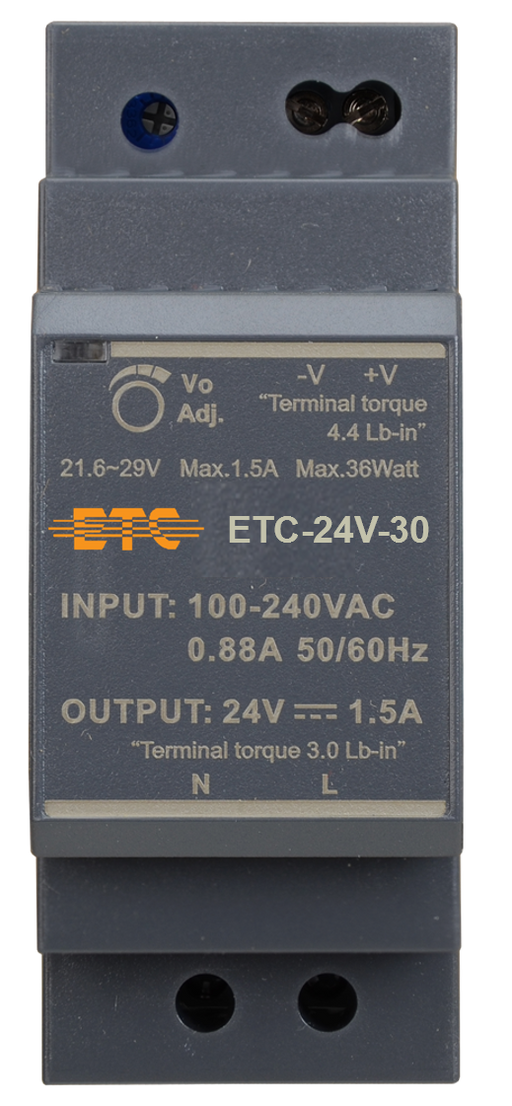 ETC-24V-30 DIN rail mounted 24V 30W industrial power supply with vented metal housing and terminal connectors