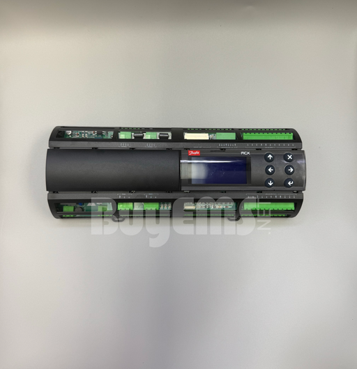 Image of the Danfoss 080G0304 MCX-RTU Rooftop Controller, a programmable controller featuring an LCD display, 14 analog inputs, 18 digital inputs, 6 analog outputs, and 15 digital outputs. Supports CANBUS, MODBUS, and RS485 communication, with a robust IP40 enclosure and DIN rail mounting.