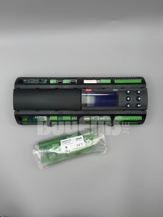 Image of the Danfoss 080G0304 MCX-RTU Rooftop Controller, a programmable controller featuring an LCD display, 14 analog inputs, 18 digital inputs, 6 analog outputs, and 15 digital outputs. Supports CANBUS, MODBUS, and RS485 communication, with a robust IP40 enclosure and DIN rail mounting.