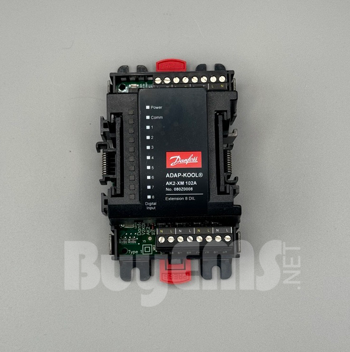 Image of Danfoss 080Z0008 AK2-XM 102A Module, featuring 8 digital inputs for monitoring switches, fans, solenoids, and more, providing scalable and reliable control in HVAC and industrial automation systems.