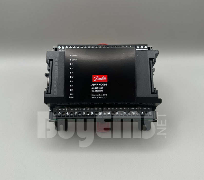 Image of Danfoss 080Z0010 AK2-XM 205A Module, an extension module with 8 analog inputs and 8 digital outputs, enhancing control systems with reliable performance and precise control. Ideal for HVAC and industrial automation applications.