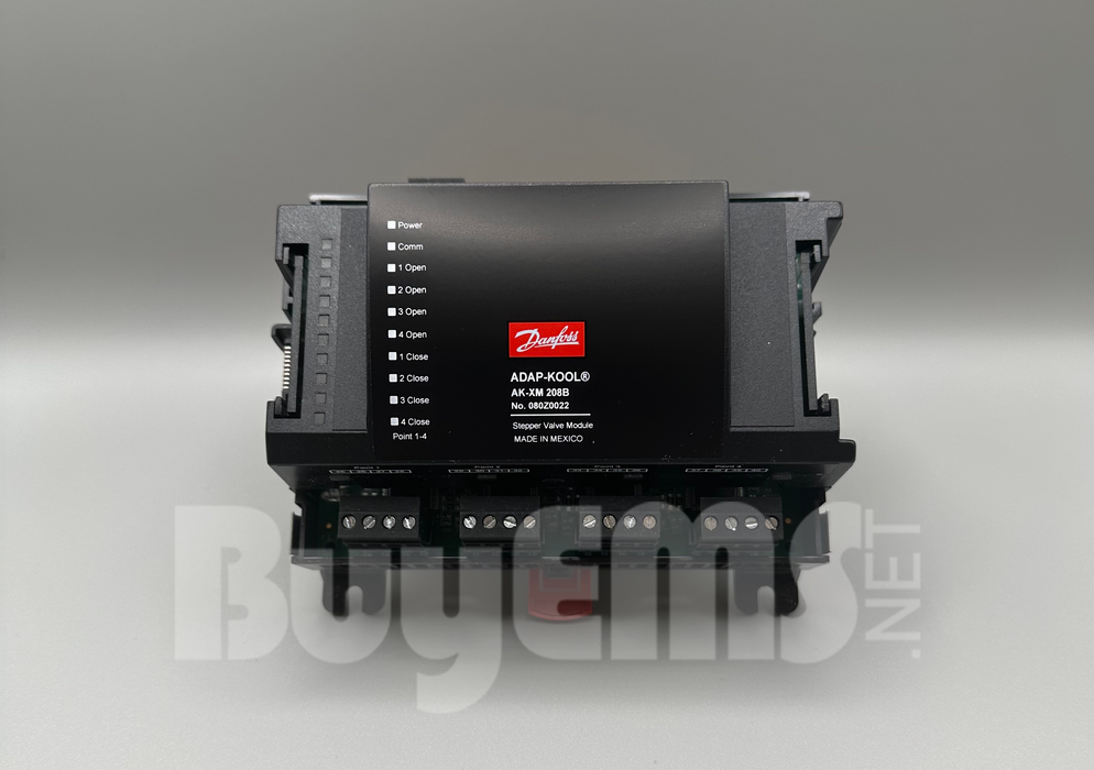 Image of Danfoss 080Z0022 AK2-XM 208B Module, featuring 4 valve outputs for stepper motor valve control, enhancing scalability and reliability in HVAC, industrial automation, and refrigeration systems.