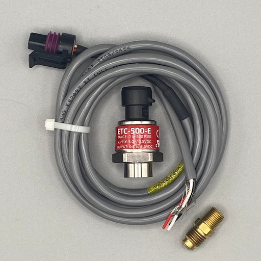 ETC-500-E Pressure Transducer (800-2500) for HVAC and refrigeration applications, featuring a 0-500 psi pressure range, 304L stainless steel housing, P67 electrical connection, and ±1% accuracy. Ideal for outdoor environments with high durability and vibration resistance. Supplied with 2M cable.