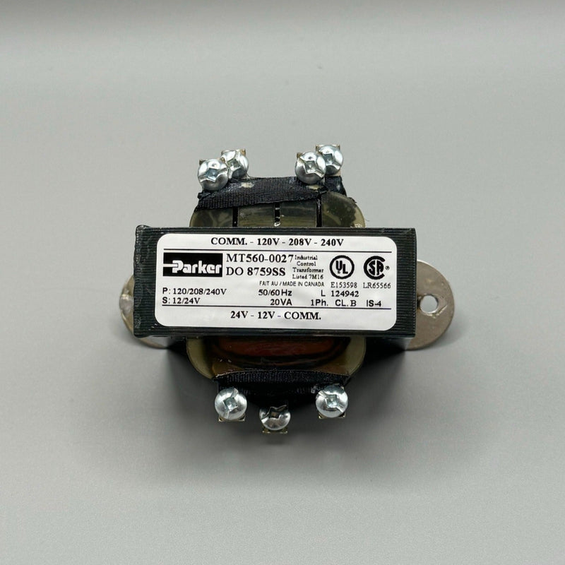 Parker 560-0027 Transformer T-008 — versatile 120/208/240V transformer for HVAC-R and EMS applications. Ensures reliable voltage regulation and smooth system operation. Durable and efficient design.