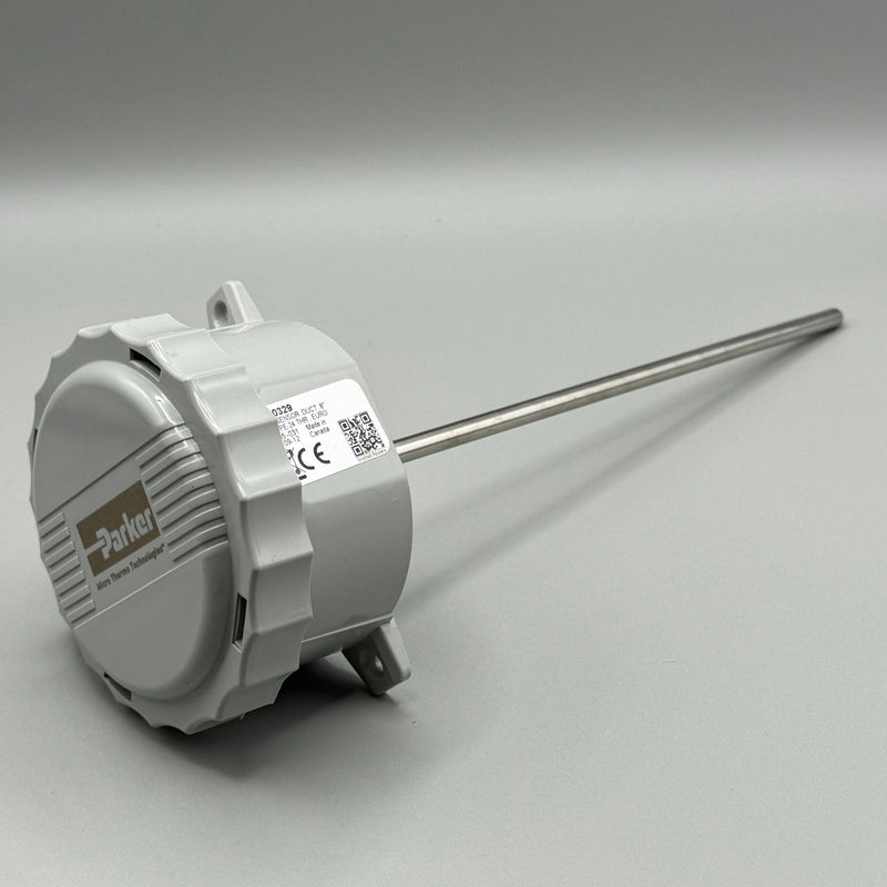 Parker 023-0329 Temperature Probe — 8" 10k Type 2 thermistor for single-point temperature sensing in HVAC-R systems. ABS housing, -40 to 120°C range, 2-wire pigtail connection. Ideal for ducts, coolers, and freezers.