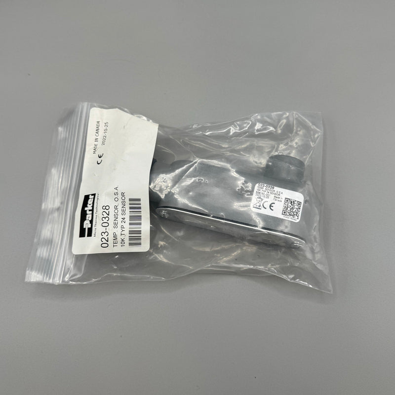  "Parker OSA Temperature Probe 023-0328 — high-accuracy thermistor sensor for outdoor air (OSA) temperature monitoring. Features a durable metal ½ LBA enclosure, 10k Type 2 thermistor, and pigtail wiring. Operating range: -40 to 105°C. 