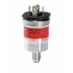 Danfoss 060G6342 AKS 2050 pressure transmitter, –1 to 59 bar, 1/4" NPT male, 4-pin DIN, IP65, 4.75–8V DC, ATEX approved.