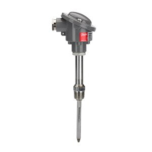 Danfoss 084N2032 AKS 21 W temperature sensor, Pt1000 Class B, -94°F to 320°F, with stainless steel NPT protection tube.