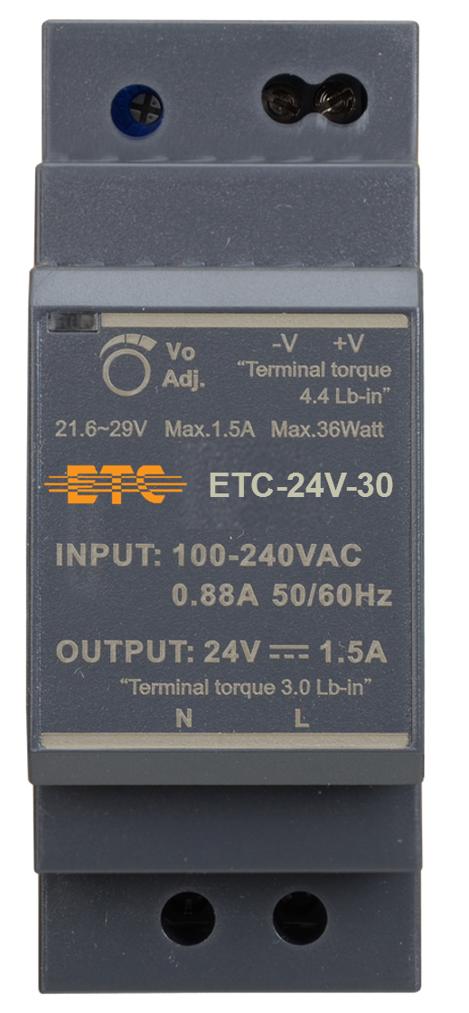 ETC-24V-30 DIN rail mounted 24V 30W industrial power supply with vented metal housing and terminal connectors