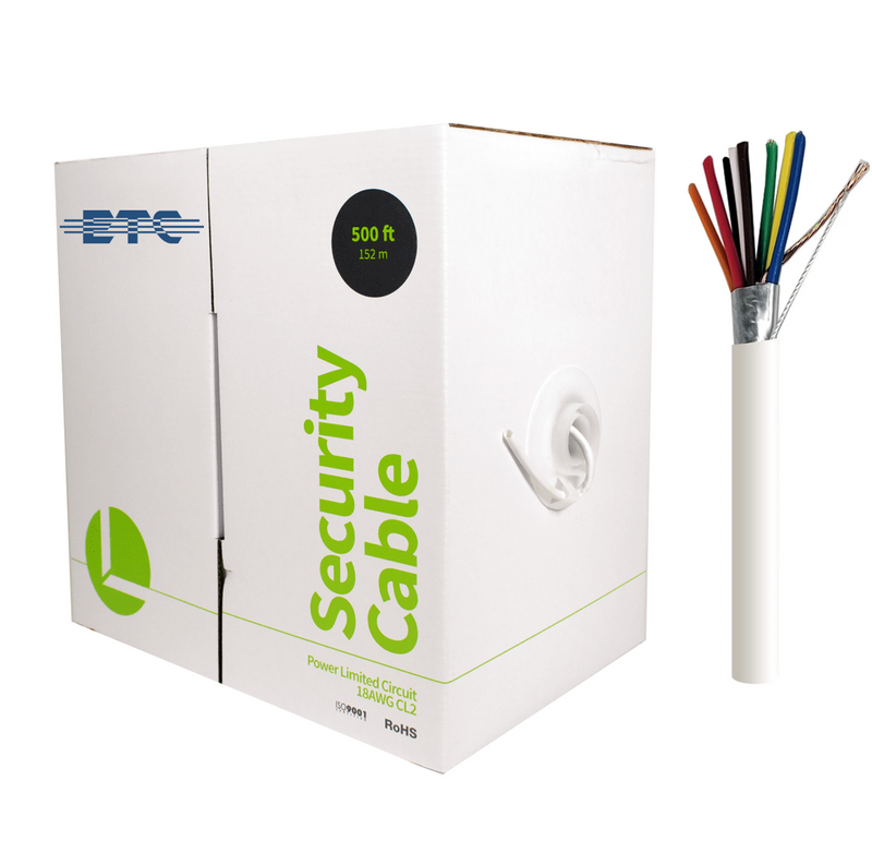 White 18-gauge stranded shielded EMS sensor cable with 8 conductors, suitable for refrigeration and HVAC low voltage applications, 500-foot pull box.